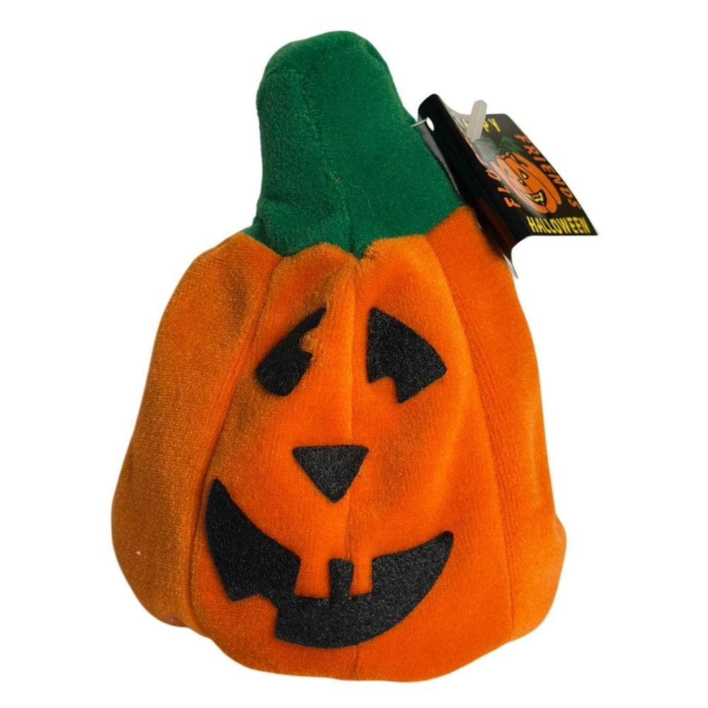 VTG Happy Halloween Floppy Friends Pumpkin Plush Toy Orange Green Stem 6"